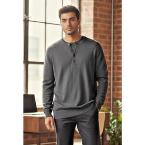 Michael Brandon Sweater Knit Henley Top Shirt Size Medium Mens Gray Quiet Luxury